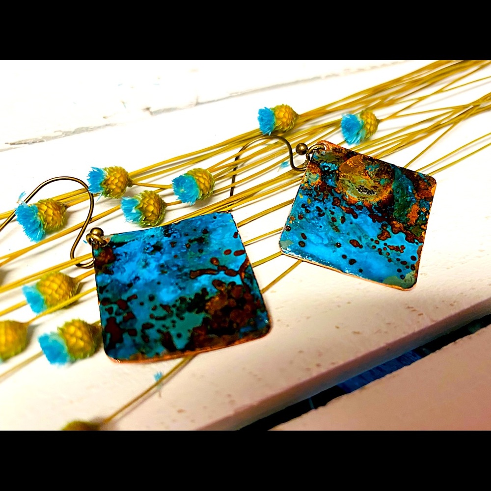 Diamond Shape Copper Patina Earrings